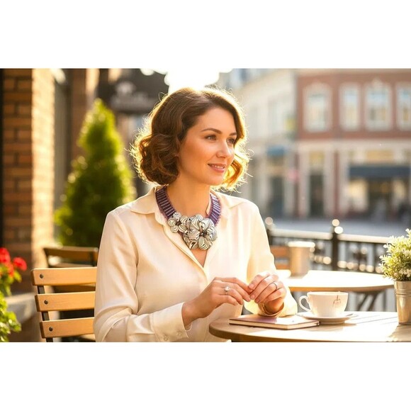 Unique Large Flower Mother of Pearl  and Faux Pearl with Purple Beads - Choker - Picture 4 of 4